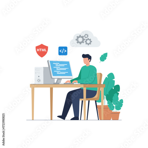 Illustration concept of a computer scientist: a flat image set against a white background