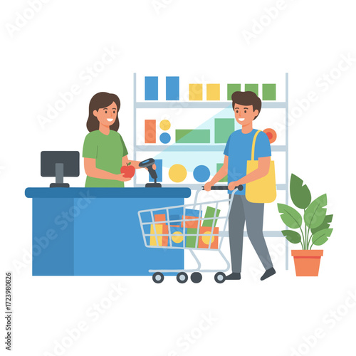 Grocery store clerk gives a shopping bag to a female customer
