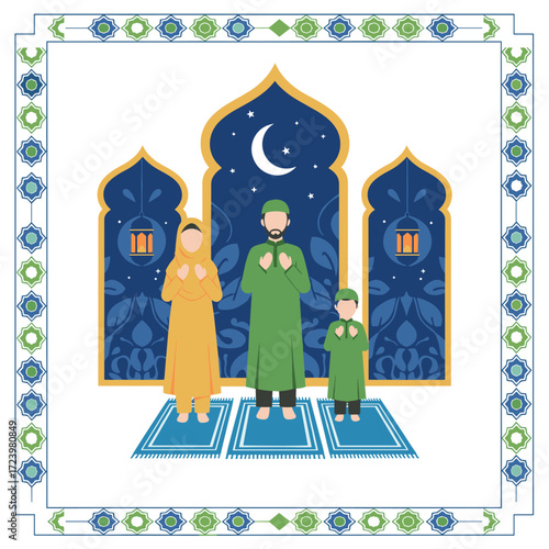 Illustration concept of a Muslim family reading the Quran on a white background