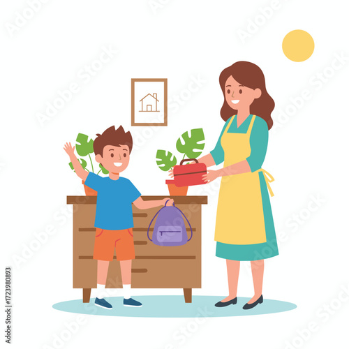 Illustration concept of a mother handing a lunchbox to her son on a white background