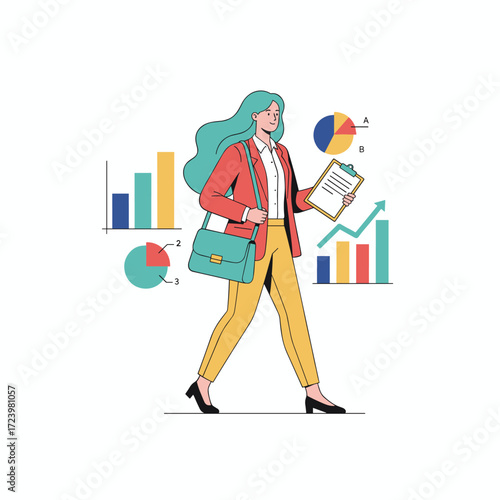 A young, attractive businesswoman heads to work, contemplating business charts and graphs