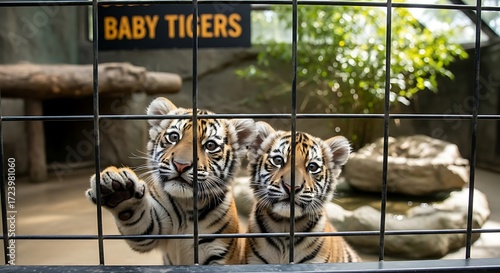 Adorable baby tigers behind bars, captivating gaze, wildlife conservation