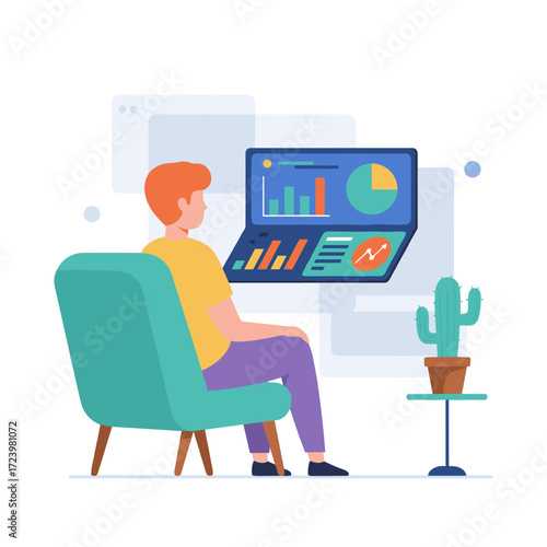 A manager reviews reports and infographics in a flat illustration set against a white background