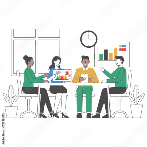 Analysts collaborating on graph data; vector illustration concept