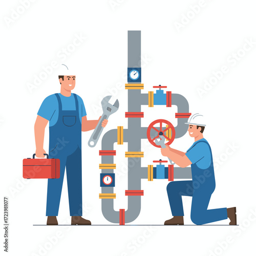 Plumbers are inspecting and repairing the pressure valves on the pipes