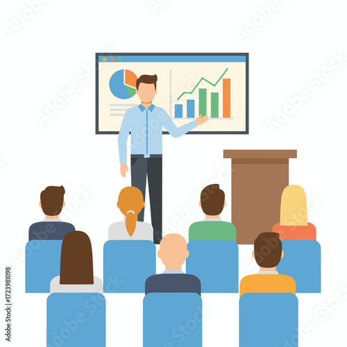 Illustrated concept of a speaker addressing a business meeting in a conference hall