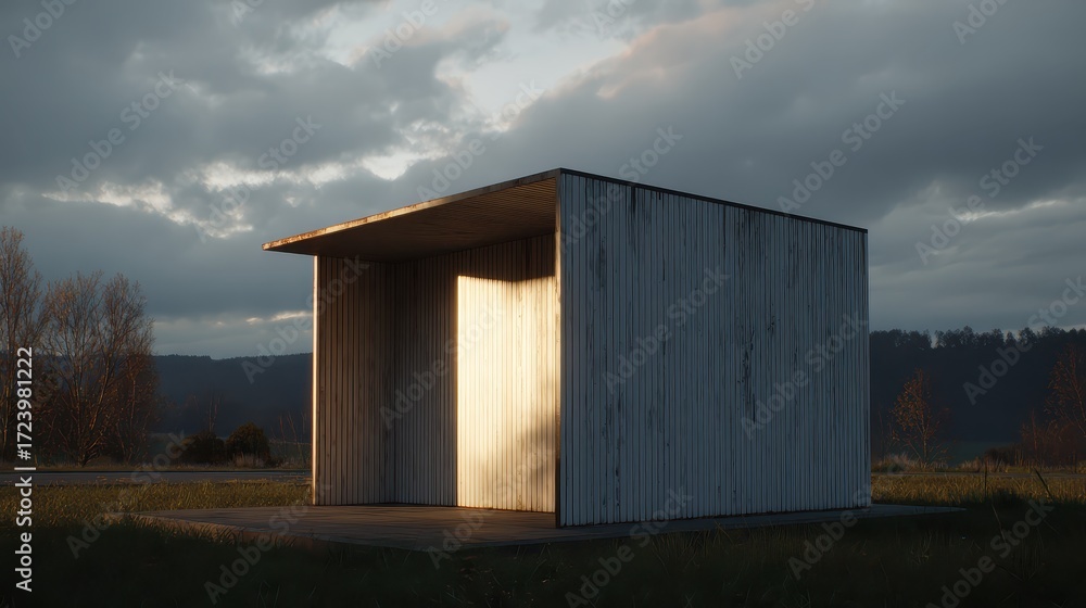Fototapeta premium Modern minimalist structure in serene landscape with dramatic lighting
