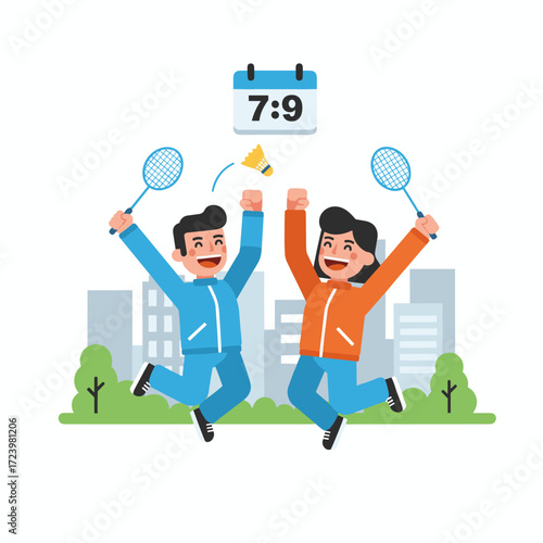 Illustration concept of a couple playing badminton on a white background