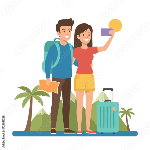 Illustration concept of traveling people set against a white background