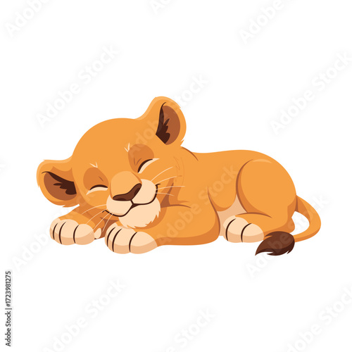 Lion Cub Sleeping On Side With Curled Tail And Relaxed Paws Gentle Smile Warm Orange Tones A Cozy Peaceful Moment For Nursery And Bedtime Decor