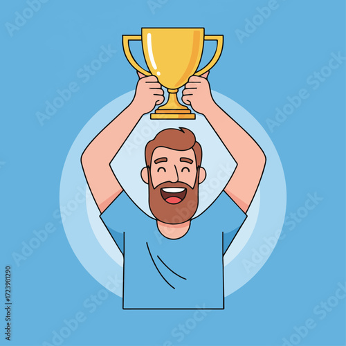 Cheerful bearded man holding golden trophy triumphantly banner