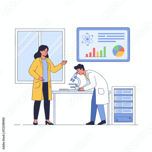 A flat vector illustration of a data scientist character, suitable for web banners, infographics, and hero images, presented on a white background