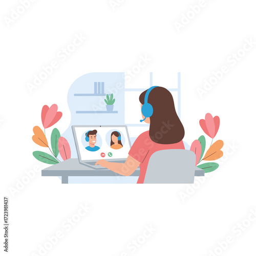 A flat vector illustration of an online interview concept featuring a character, suitable for use as a web banner, mobile app, or hero image on a white background