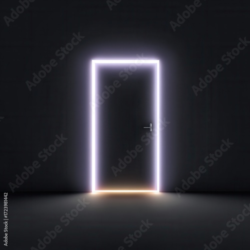 Glowing neon light framing doorway, representing opportunity and hope