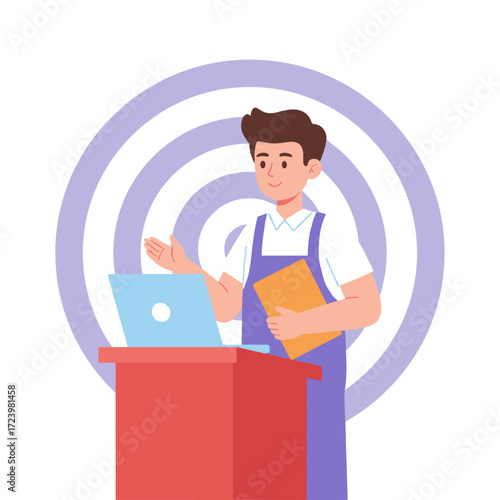 A technician holding a folder and using a computer in a garage, depicted as a vector illustration concept