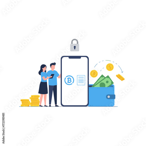 A flat vector illustration depicting mobile payment transfer, showing people sending and receiving money wirelessly with their mobile phones