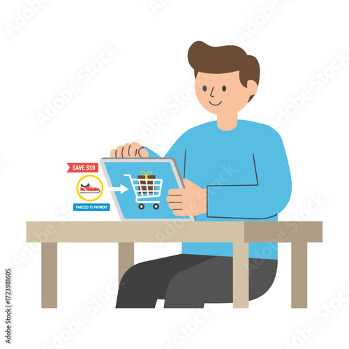 Illustration concept of a man shopping online on a white background