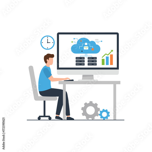 A flat vector illustration of a database developer character, suitable for web banners, infographics, and hero images, presented on a white background