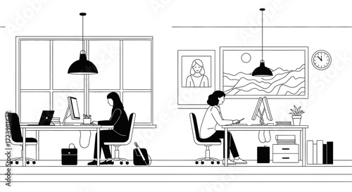 Illustration of diverse women working in modern office space with computers and desks