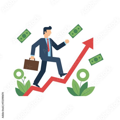 Vector illustration concept of a businessman catching money while climbing an upward graph, displayed as a flat illustration on a white background