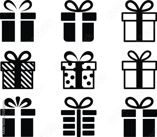 Collection of nine festive gift boxes with ribbons and bows, symbolizing celebration and giving