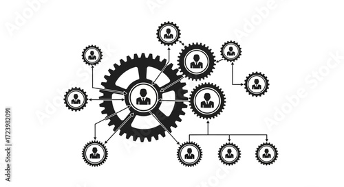 Organizational structure represented with gears showcasing teamwork and hierarchy with connections