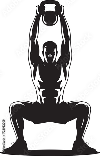 Muscular athlete silhouette performing kettlebell squat exercise intense workout motivation