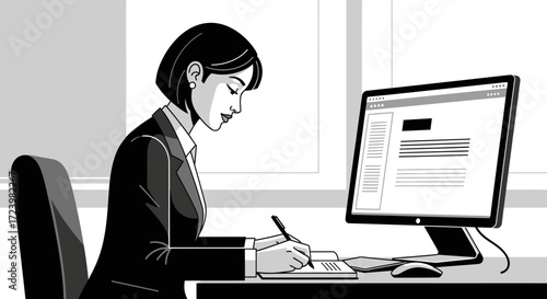 Businesswoman working at her desk with computer, writing notes in a notebook