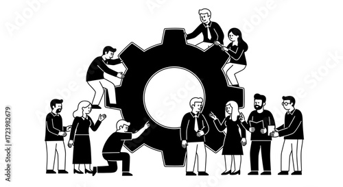 Teamwork and collaboration concept illustration with people and gear mechanism showing team effort