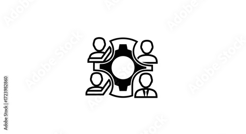Teamwork and collaboration concept represented by people around a gear icon