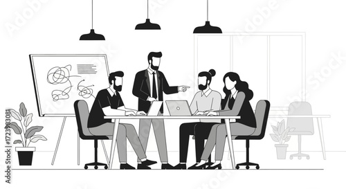 Business team collaboration and brainstorming session in modern office environment showing