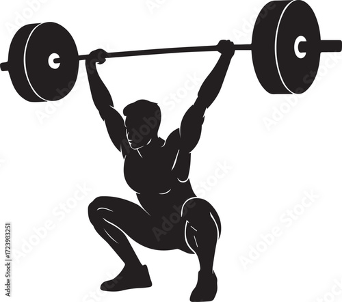 Silhouette of a powerful fitness athlete lifting a heavy barbell overhead in a squatting position