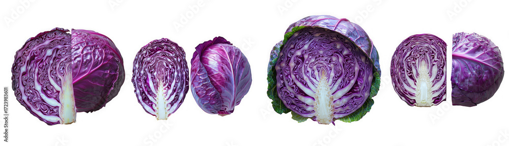 Obraz premium Collection of red cabbages, whole and halved, isolated on transparent background