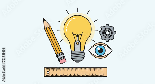 Creative design process featuring a light bulb gear eye pencil and ruler illustration