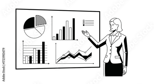 Businesswoman presenting financial data and charts in a professional presentation setting