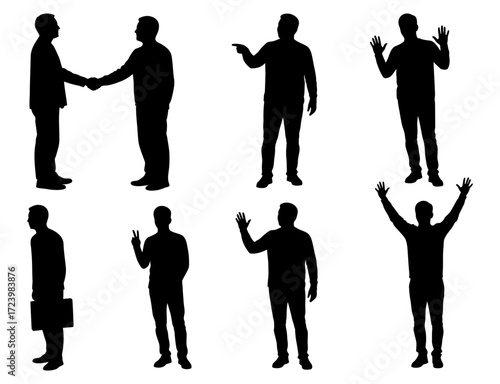 Dynamic Set of Businessmen and Professional Male Silhouettes Displaying Actions, Gestures, and Communication for Design