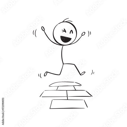 Joyful stick figure leaping over blocks, conveying playful happiness and success