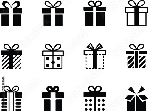 Collection of various black and white gift box icons with ribbons and bows
