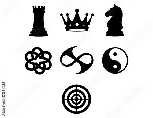 Black and white abstract design elements, including chess pieces and other symbolic shapes and figures