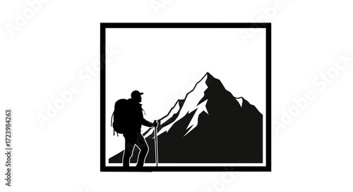 Silhouette of a hiker with backpack and trekking poles against a mountain backdrop within a frame