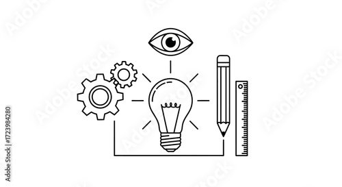 Illustration showing creative process with gears, lightbulb, eye, pencil and ruler concept
