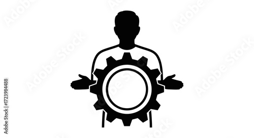 Iconic representation of industry showing a figure and a gear in black and white