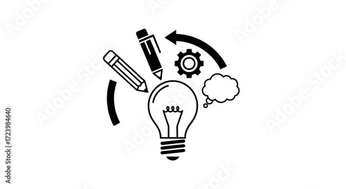 Creative process icon featuring a light bulb, pencil, pen, gear and thinking cloud representing