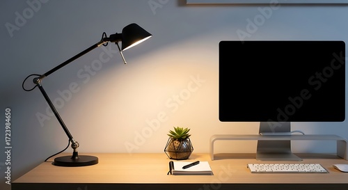 Modern Workspace with Lamp and Computer.