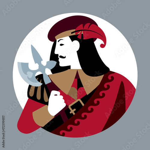 Portrait of the Jack of playing cards character with a sword in his hand in a white round frame. Original vintage design in minimalistic flat style. Vector illustration