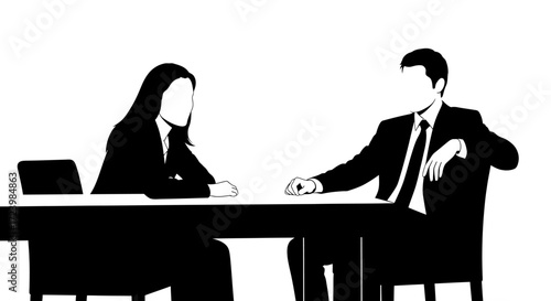 Silhouette illustration of a business meeting with a man and a woman in suits discussing project
