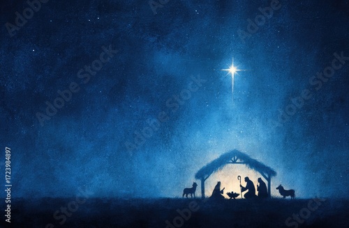 Nativity scene under a starry night sky