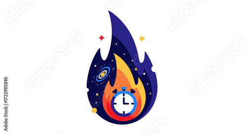 Fiery cosmic clock inside a flame.