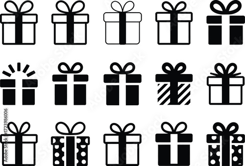 A collection of simple, modern gift box icons with ribbons and bows, perfect for celebrations.