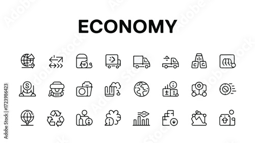 Diverse economic icons representing global finance and business economy trade